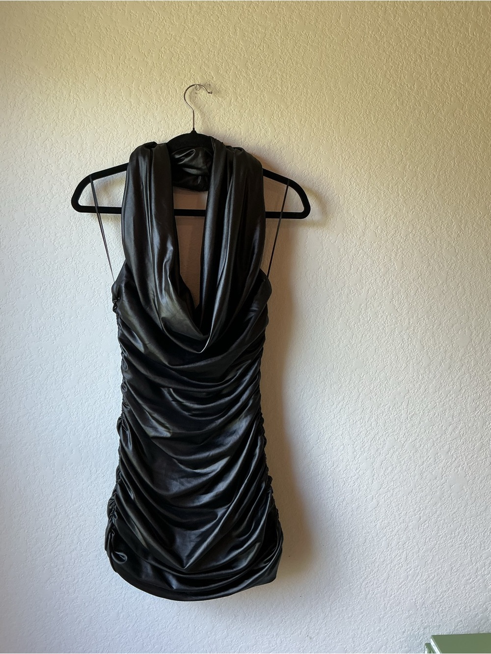NWT AKIRA Black Satin Ruched Halter Mini Dress